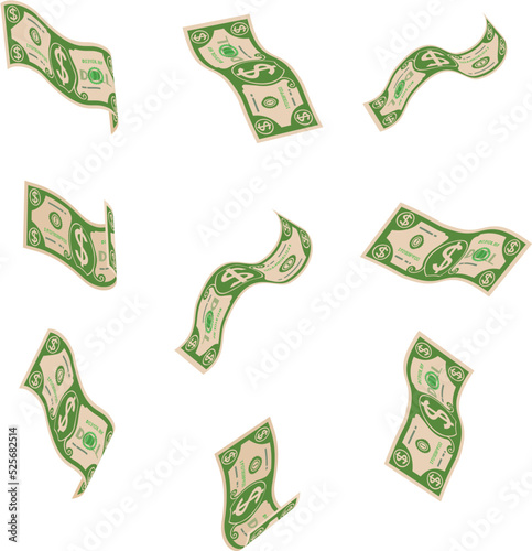 Money bills. Green flying paper cash rain