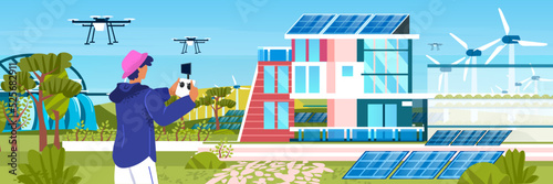 man controlling air drone with wireless remote controller carbon credit concept responsibility of co2 emission environmental conservation sustainable ESG development horizontal vector illustration