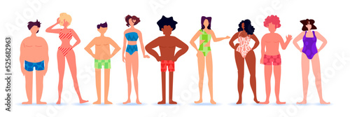mix race people of different height figure type and size standing together love your body concept full length horizontal