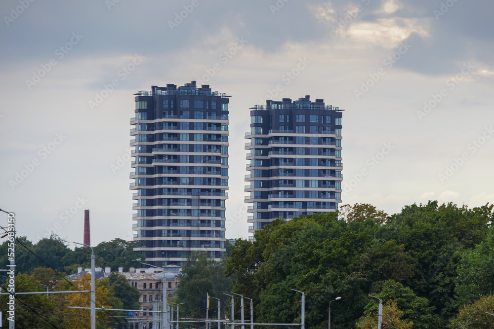 Two high-rise buildings in the city. Office and residential buildings Two high-rise buildings in the city. Office and residential buildings
