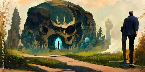 Photo a man walks into a mysterious land with a giant skull