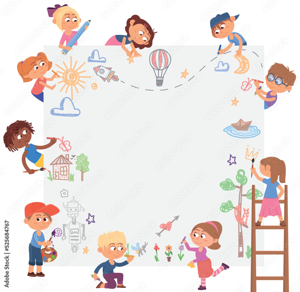 Kids drawing together on big white paper. Funny creative children Kids drawing together on big white paper. Funny creative children