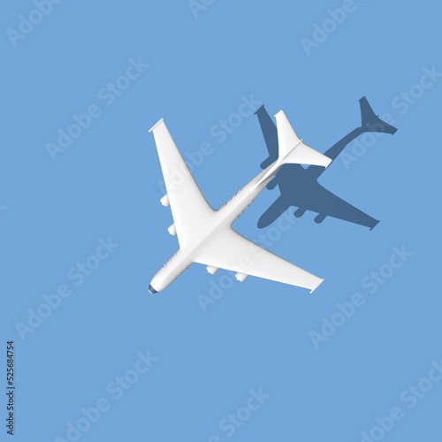 White 3d plane render with a shadow on a blue background. Airplane travel background illustration. 3D Rendering.