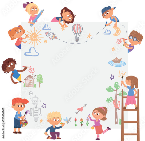 Kids drawing together on big white paper. Funny creative children