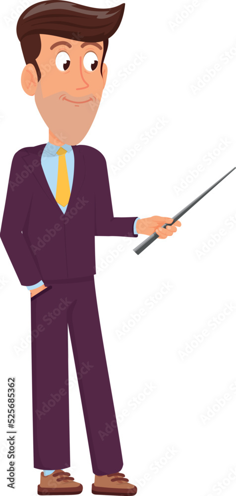Man with wooden stick. Cartoon teacher character. Business mentor Man with wooden stick. Cartoon teacher character. Business mentor