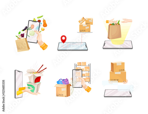 Shopping Online on mobile application set. Customers ordering food via modern digital devices vector illustration
