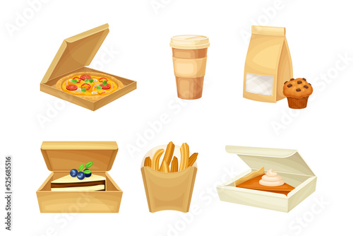 Food boxes set. Tasty dishes, desserts and coffee in disposable takeaway paper packages flat vector illustration