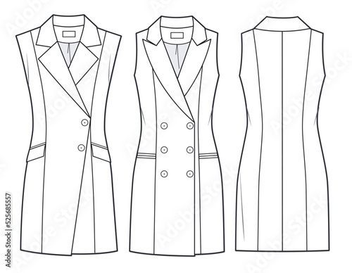 Women's wrap Dress technical fashion illustration. Double breasted mini Dress fashion flat template, slim fit, sleeveless, front and back view, white colour, women, CAD mockup set.
