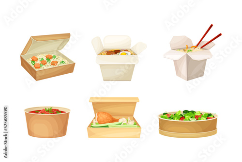 Food boxes set. Healthy tasty dishes in disposable takeaway paper packages flat vector illustration