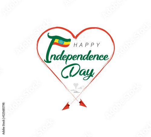 happy independence day of Ethiopia. Airplane draws cloud from heart. National flag vector illustration on white background.
