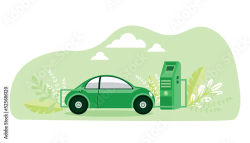 Modern electric smart SUV for charging cars at the charging station with a plug cable. Isolated flat vector illustration on a white background. Electrified electronic transport movement of the future.