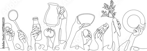 Cooking pattern. Background  with people holding different utensils and food.  Continuous line drawing style. Vector illustration.