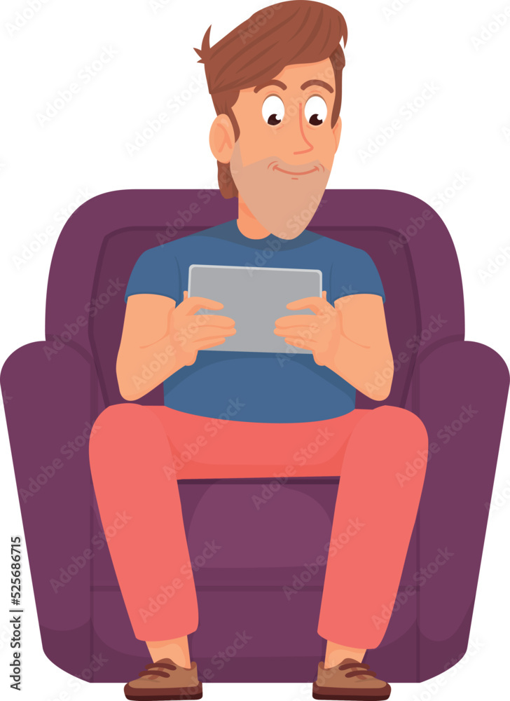Guy sitting in armchair with tablet. Home leisure time Guy sitting in armchair with tablet. Home leisure time