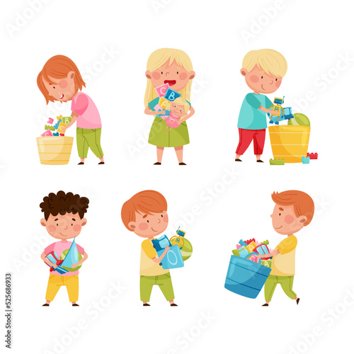 Cute little boys and girls putting toys into boxes set. Kids doing housework chores at home cartoon vector illustration