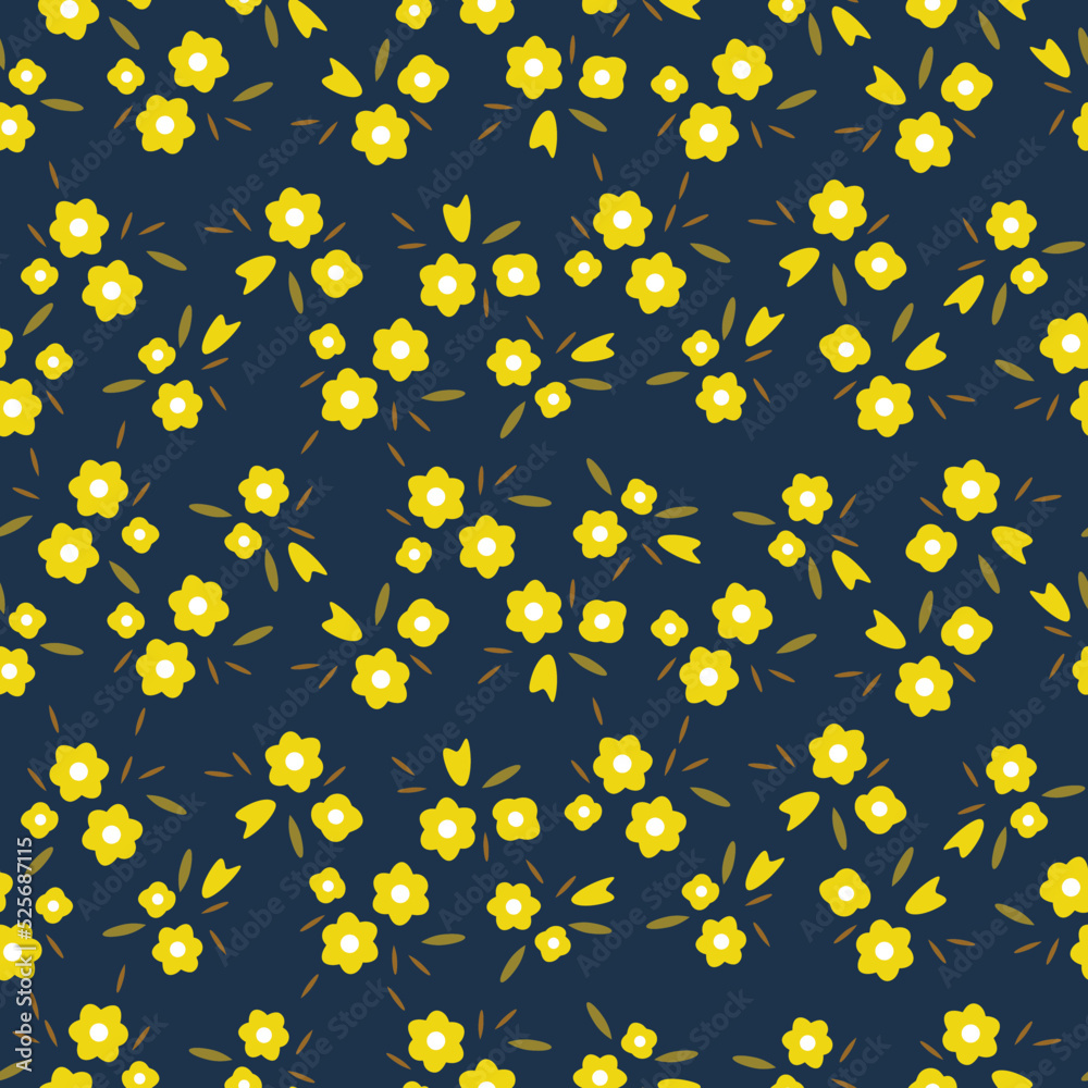 Seamless pattern of small simple yellow flowers and bouquets on a dark blue background. Design for cotton fabric, wallpaper, home textile. Seamless pattern of small simple yellow flowers and bouquets on a dark blue background. Design for cotton fabric, wallpaper, home textile.