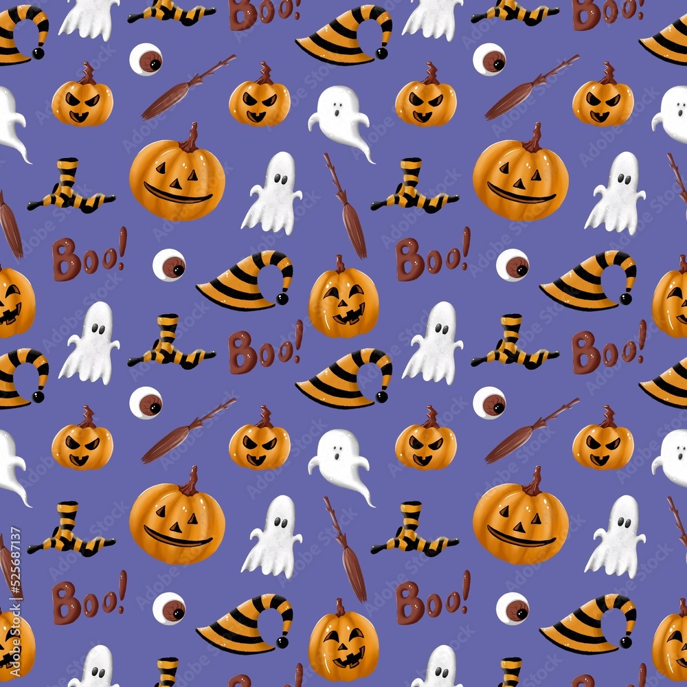 Halloween seamless pattern with set of cartoon illustration on Very Peri background. Trick or treat. Ghost, pumpkins, broom, eye, boo, hat. Mystery and creepy.