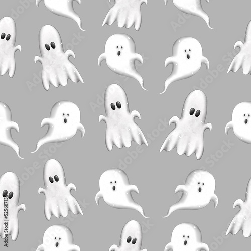 Stylish Halloween seamless pattern with set of ghosts cartoon illustrations on grey background. Trick or treat. Mystery and creepy.