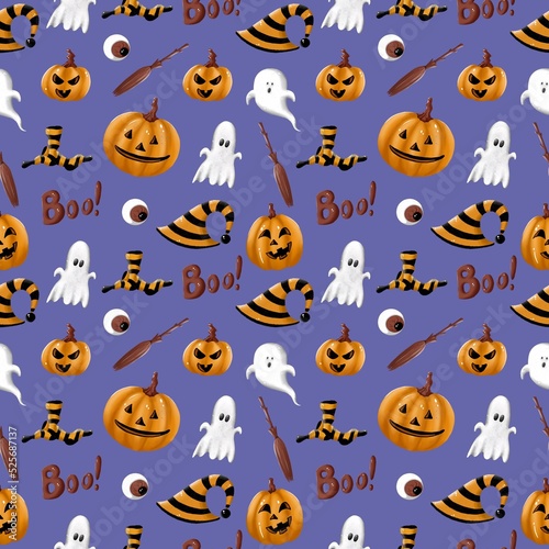 Halloween seamless pattern with set of cartoon illustration on Very Peri background. Trick or treat. Ghost, pumpkins, broom, eye, boo, hat. Mystery and creepy.