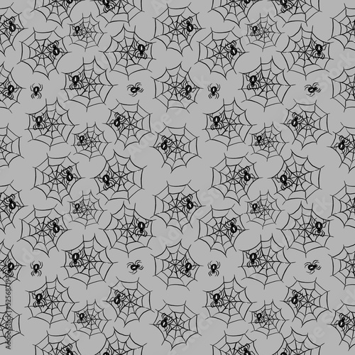 Stylish Halloween seamless pattern with set of spider web cartoon illustrations on grey background. Trick or treat. Mystery and creepy.