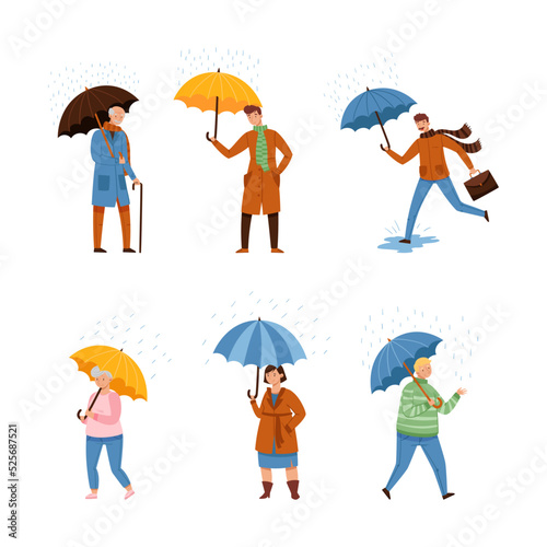 People walking under umbrella on autumn rainy day set cartoon vector illustration
