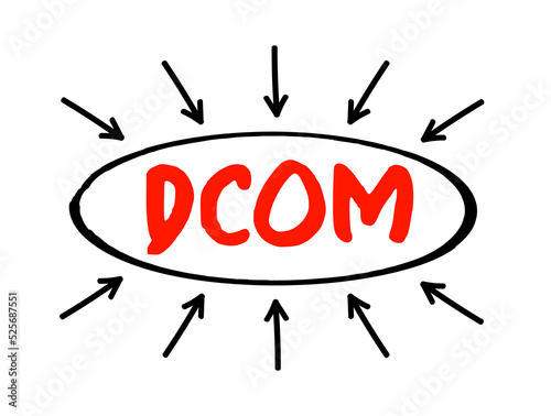 DCOM - Distributed Component Object Model is technology for communication between software components on networked computers, acronym text with arrows