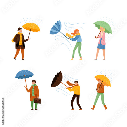 People walking under umbrella on autumn rainy day set. Men and women wearing warm clothes walking under rain cartoon vector illustration