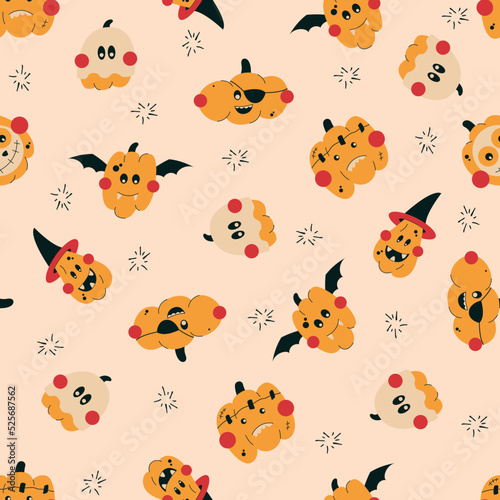 Vector pattern for Halloween day. A pattern with funny pumpkins in costumes. Vampire, Frankenstein, witch, ghost, pirate on a vector pattern. Happy Halloween.