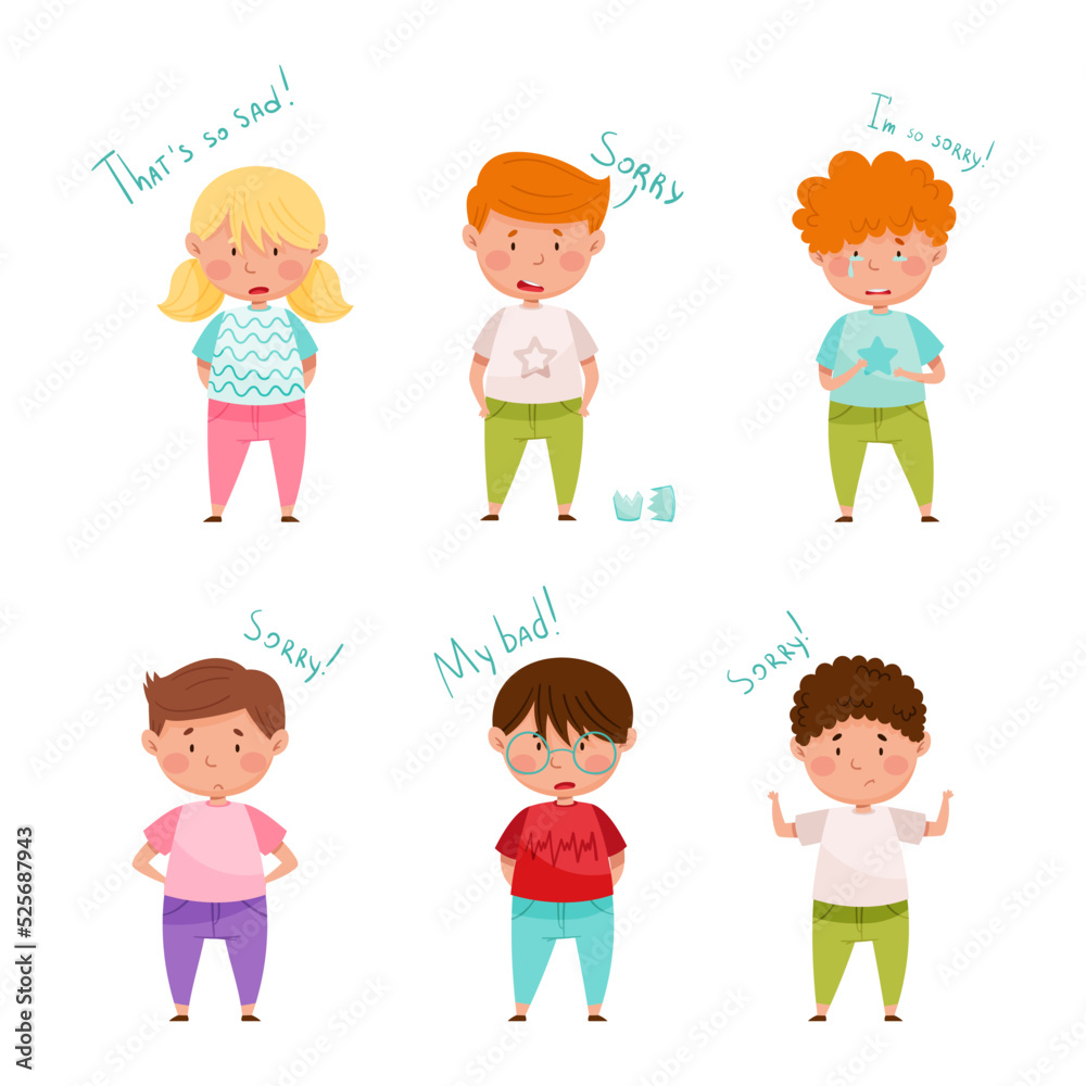 Polite little children apologizing set. Boys and girls expressing regret. Good manners concept cartoon vector illustration Polite little children apologizing set. Boys and girls expressing regret. Good manners concept cartoon vector illustration