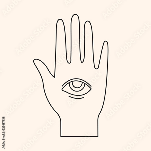 Outline retro groovy hand with one eye. 60s and 70s vibes psychedelic vector clipart in line art style. Cartoon future prediction silhouette. Vintage boho illustration. Abstract trippy art