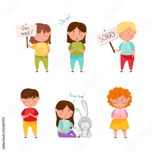 Set of polite little children apologizing. Boys and girls expressing regret. Kids having good manners cartoon vector illustration