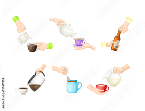 Collection of human hands pouring hot drinks and holding beverages set cartoon vector illustration