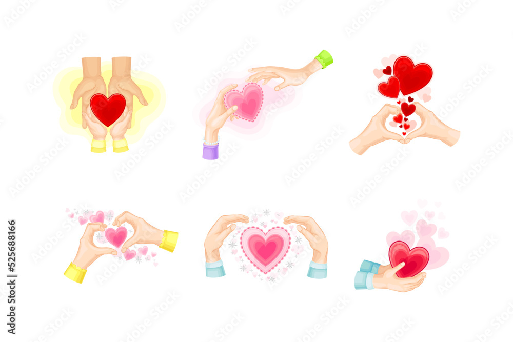 Set of hands holding red and pink hearts. People expressing love cartoon vector illustration