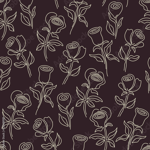 seamless pattern. Abstract flowers drawn with a white outline. sketch floral drawn in one line. doodle vector illustration isolated on black background.