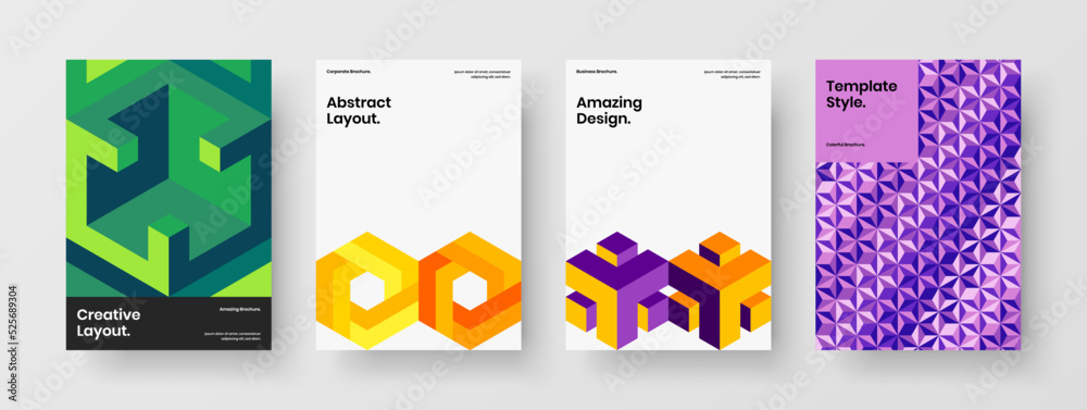 Unique front page A4 design vector layout bundle. Creative mosaic hexagons company identity template composition.