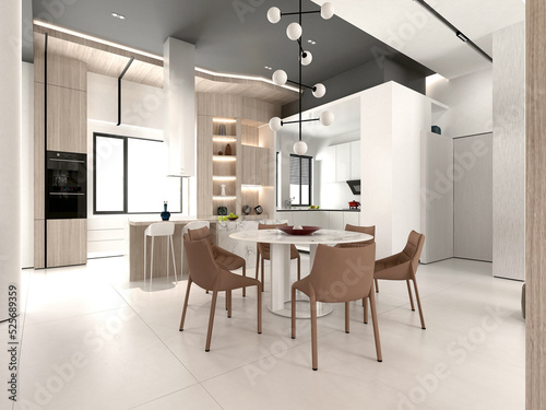3d render of modern home interior, living and dining room