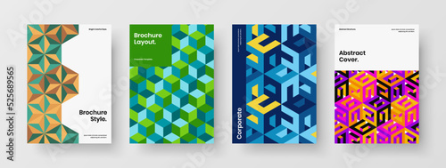 Fresh geometric hexagons poster template bundle. Trendy handbill design vector layout set.