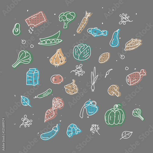 Doodle vegetables and fruits on the greyboard. Hand-drawn health product set on grey background