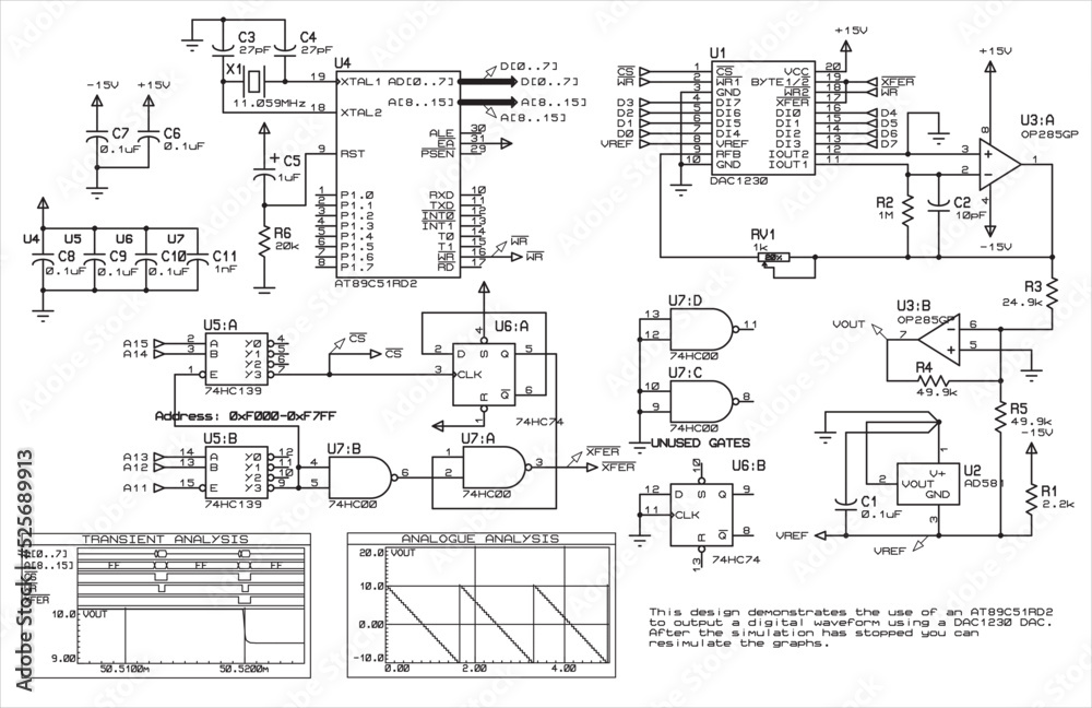 Vector electrical schematic diagram. This design demonstrates the
use of an AT89C51RD2
to output a digital waveform using a DAC1230 DAC. Vector electrical schematic diagram. This design demonstrates the
use of an AT89C51RD2
to output a digital waveform using a DAC1230 DAC.