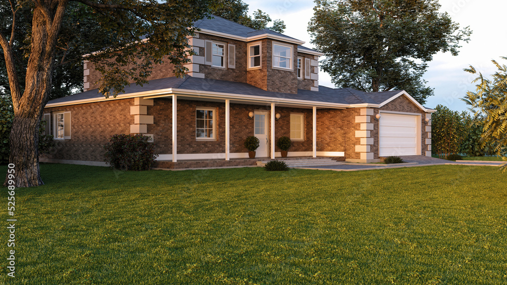 Beautiful red brick house. 3D visualization of a house with a landscape. Beautiful red brick house. 3D visualization of a house with a landscape.