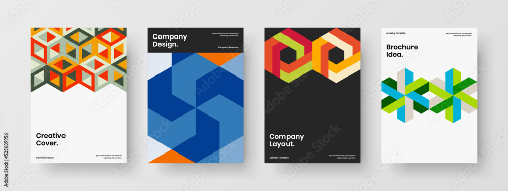 Abstract front page A4 design vector concept composition. Minimalistic geometric hexagons placard template set.