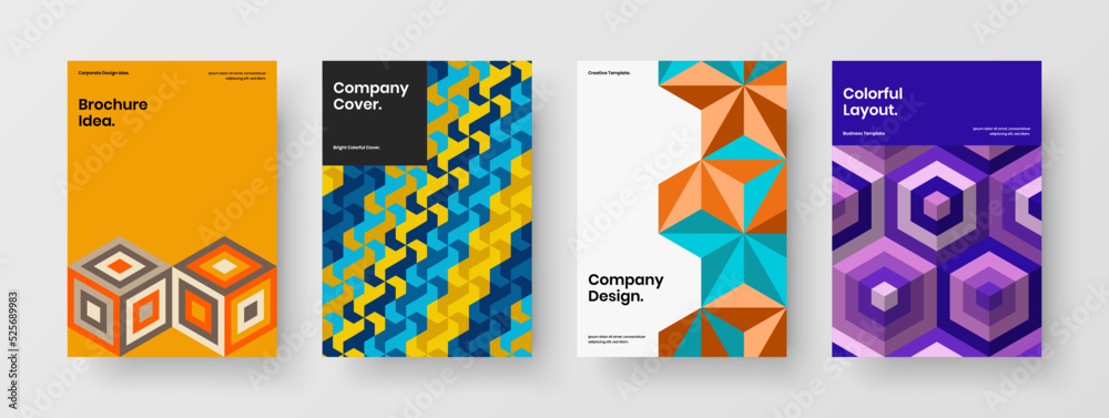 Colorful geometric pattern company cover template set. Trendy leaflet design vector concept bundle.