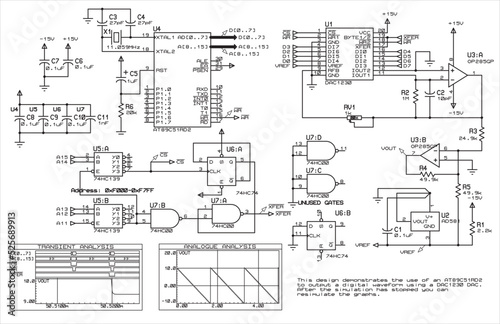 Vector electrical schematic diagram. This design demonstrates the use of an AT89C51RD2 to output a digital waveform using a DAC1230 DAC. 