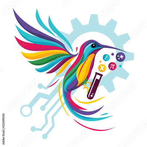Colorful hummingbird vector logo illustration carrying a chemical tube