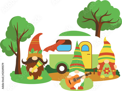 Camping gnomes svg vector illustration isolated on white background.Camper Gnomes are sitting near the car. Happy camper gnome. Gnome campers.