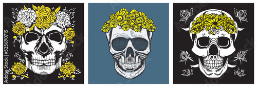 Skulls with flowers background collection. Minimalist line art.