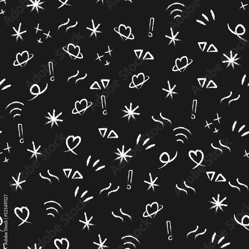 Vector graffiti seamless pattern with abstract tags, letters without meaning, fashion hand drawing texture, street art retro style, old school design for t-shirt, textile, wrapping paper, black white. © RP