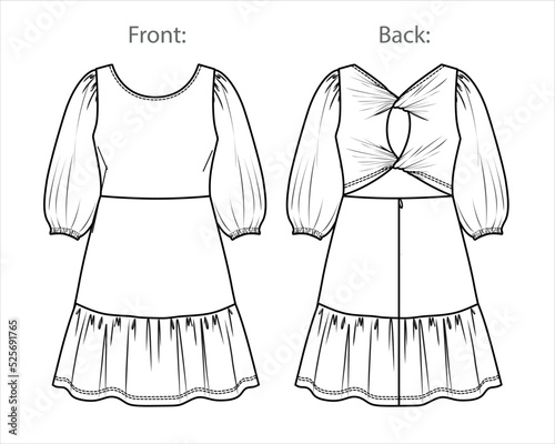 Vector long sleeve round neck mini dress technical drawing, woman tired dress with frill detail fashion CAD, sketch, template, flat. Jersey or woven fabric dress with front, back view, white color