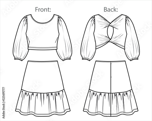 Vector long sleeve round neck top and mini skirt technical drawing, woman crop blouse, flared skirt fashion CAD, sketch, template, flat. Jersey or woven fabric 2 pieces set with front,back view, white