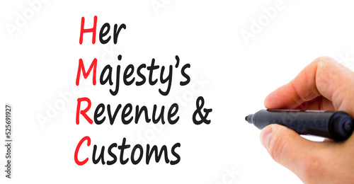 HMRC her majestys revenue and customs symbol. Concept words HMRC her majestys revenue and customs on beautiful white background. Business HMRC revenue and customs concept. Copy space. photo