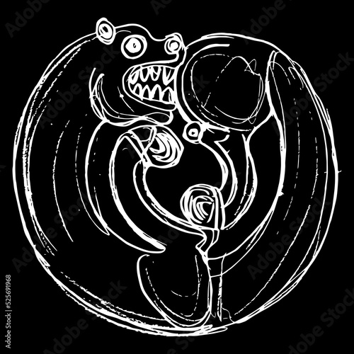 Stylized panther. Round animal design. Scythian style. Maykop culture. Arzhan kurgan. Hand drawn linear doodle rough sketch. White silhouette on black background. photo
